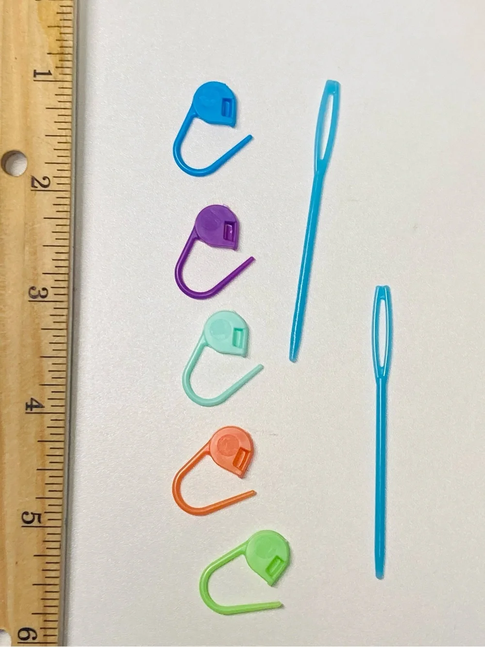 5 for $10: 5 Colorful Stitch Markers and 2 Plastic Sewing Needles Bright Colors